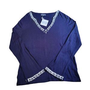 NWT Women's Size Large Duffield Lane Briggs Beaded Sweater Navy with White